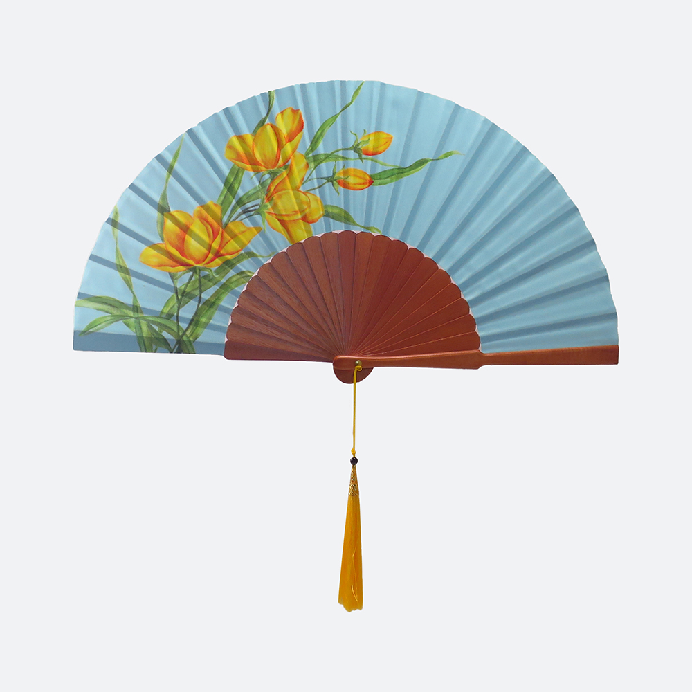 Wiracana Printed Silk Hand Fan Light Blue