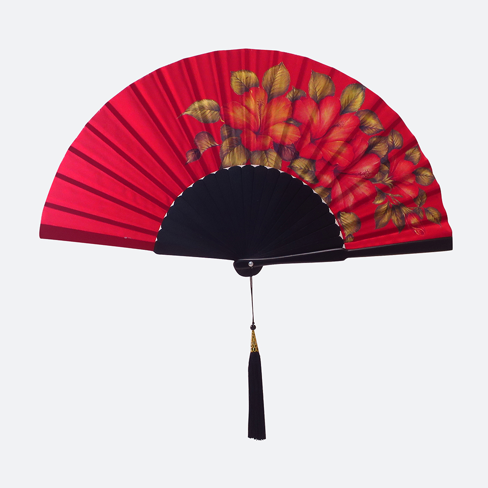 Wiracana Printed Silk Hand Fan Red