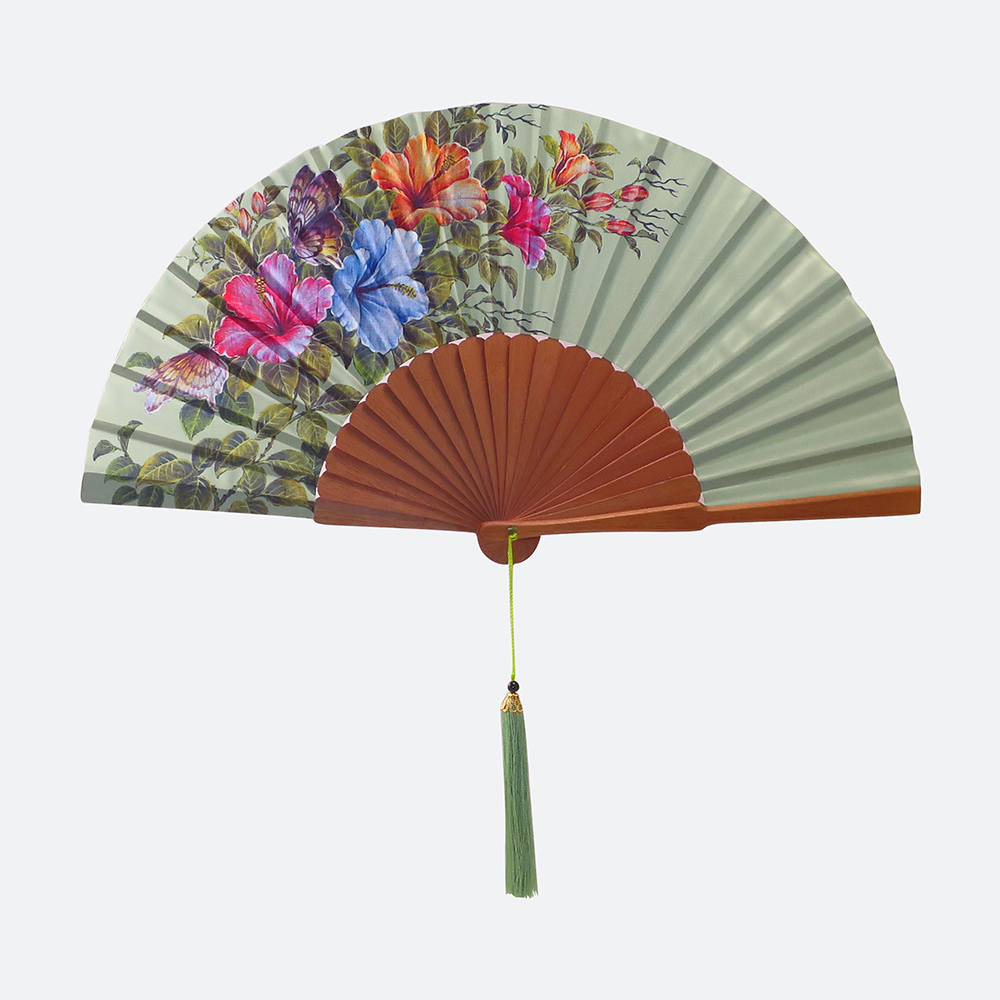 Wiracana Printed Silk Hand Fan Sage